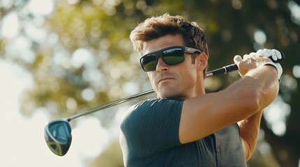 Young caucasian male golfer swinging club outdoors in sunny park