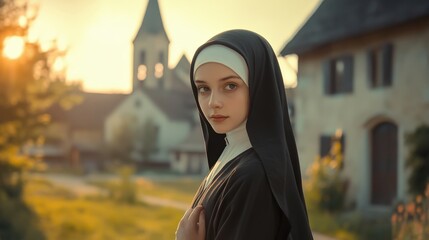 Young Nun in Traditional Habit Standing in Front of a Church at Sunset