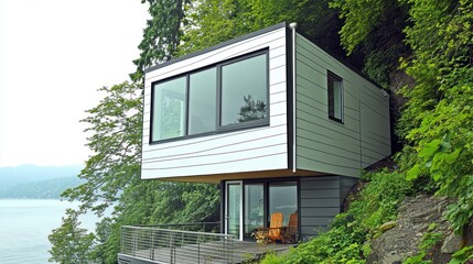 A modern home perched on a cliff overlooking the water