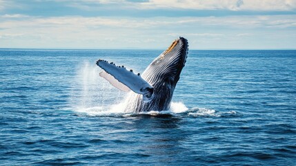 Fototapeta premium A large whale leaps gracefully from the ocean water into the air