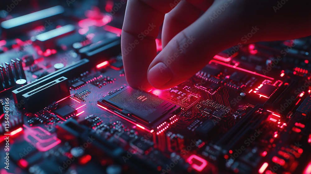 Poster close-up of a hand installing a cpu onto a motherboard emphasizing accurate tech assembly