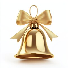 Shiny golden Christmas bell, with a glossy surface and sleek edges, tied with a decorative ribbon, softly illuminated against a clean white background.