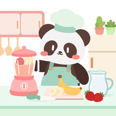 Cute Panda Making Fruit Smoothie in Cartoon Kitchen. Adorable Panda Chef Preparing Healthy Smoothie Illustration.