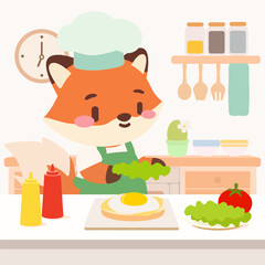Adorable Fox Cooking Egg Sandwich Illustration. Adorable illustration featuring a cute fox chef happily making a healthy egg sandwich in a cozy pastel colored kitchen.