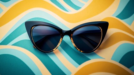 Stylish cat-eye sunglasses on retro wave pattern background