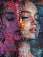 Serene painted faces on multicolored background Generative AI image