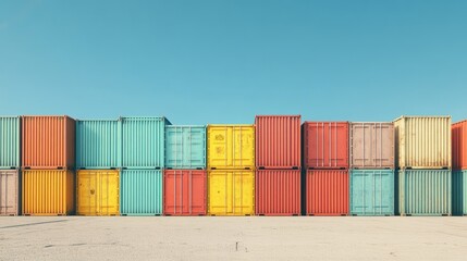 Shipping containers in various colors, stacked neatly outdoors for trade purposes, under bright blue skies, isolated on transparent background for transportation visuals.