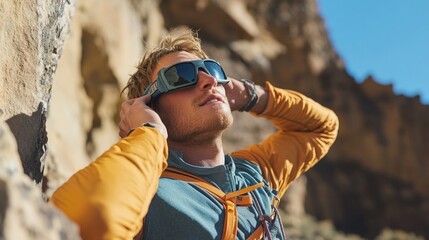 Young caucasian male rock climber wearing sunglasses in sunlit canyon