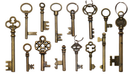 Set of keys with metallic finish and keyring attachment, isolated on a white background