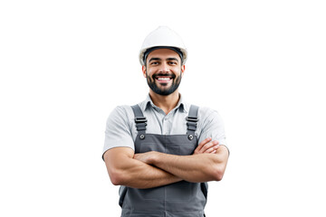 Confident construction worker in gray overalls and white hard hat standing with arms crossed on a white background. Professionalism and safety concept. Ai generative