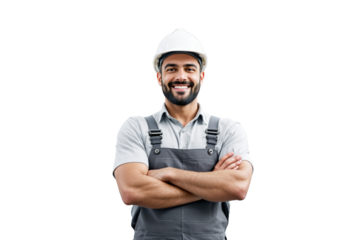 Confident construction worker in gray overalls and white hard hat standing with arms crossed on a white background. Professionalism and safety concept. Ai generative