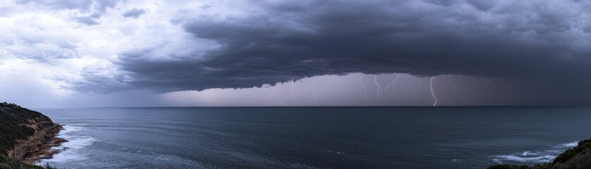 A dramatic coastal panoramic view with lightning strikes and dark clouds