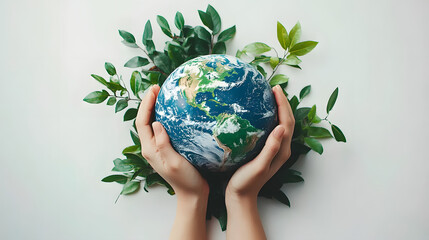 earthly embrace hands holding globe with lush green foliage world environment day concept white background