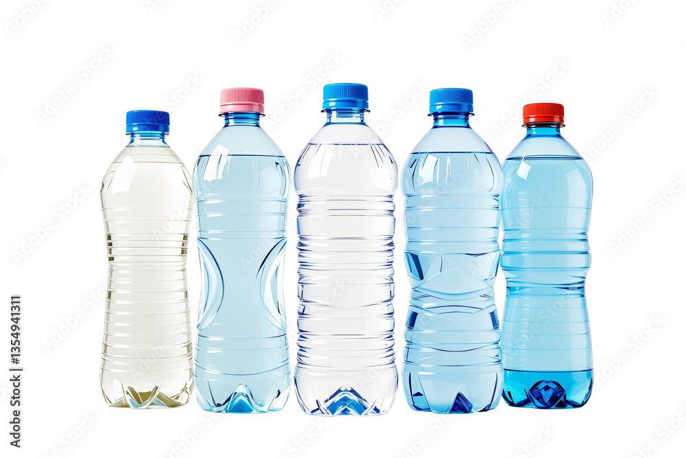 Poster various plastic water bottles with colored caps isolated on white background, arranged in a row. cle