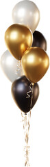 Balloon bouquet in black, gold, and white, isolated on a transparent background. A bunch of realistic balloons for birthday, anniversary, New Year, wedding, corporate, and holiday event designs. © Tatsiana