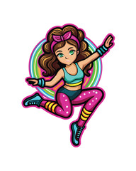 A cute, chibi-style girl in a vibrant neon pink and yellow 80s-inspired aerobics outfit, one leg extended, showcasing a playful, energetic pose.