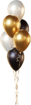 Balloon bouquet in black, gold, and white, isolated on a transparent background. A bunch of realistic balloons for birthday, anniversary, New Year, wedding, corporate, and holiday event designs.