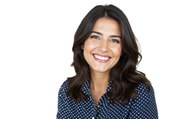 Happy woman with dark wavy hair, smiling brightly in a navy blue polka dot shirt, isolated on white background. Concept of confidence and positivity. Ai generative.