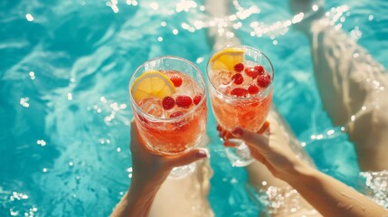 Refreshing summer drinks in poolside setting with crystal blue water