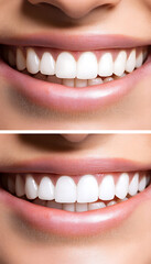 Obraz premium Side-by-side before and after photos of teeth whitening results, showcasing a clear transformation from stained or yellowed teeth to a brighter, whiter smile