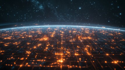Obraz premium A top-down view of Earth's surface featuring glowing city lights interconnected by a digital grid. A stunning representation of a global network and technological connectivity.. AI Generation