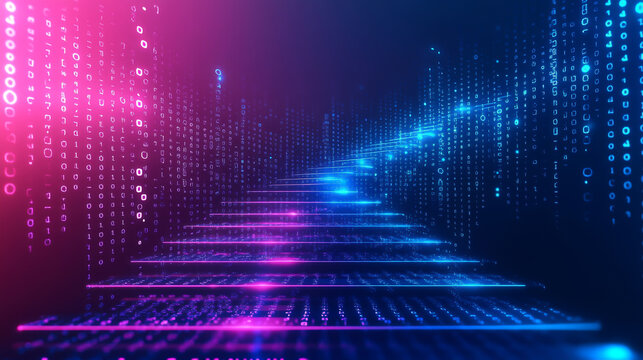 Illuminated staircase with binary code in pink and blue digital abstract background concept design