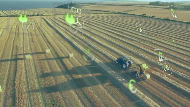 Harvesting hay in field, tractor with animation of environmental icons floating