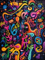 Obraz premium Abstract colorful doodle pattern on black background.