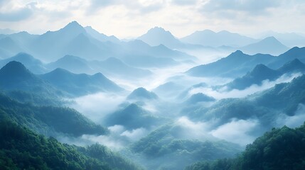 Fototapeta premium Misty valley mountain peaks view high resolution hd image