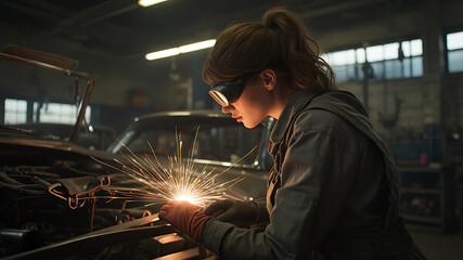 Skilled Female Mechanic Welding a Classic Car Frame in a Restoration Garage