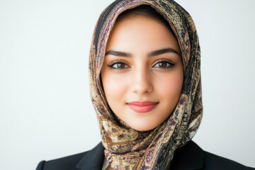 Portrait of Young Woman Wearing Hijab and Business Jacket Smiling