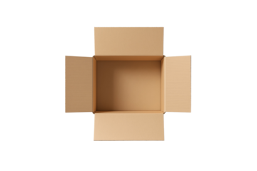 Open empty cardboard box with flaps extended, isolated on white background. Perfect for packaging, shipping, delivery, and storage concepts. Ai generative