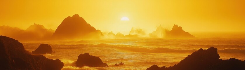 Golden sunlight illuminates mountains on the rough ocean horizon at sunset