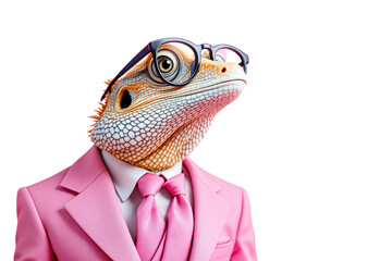 Lizard dressed in pink suit with glasses on white background, creative animal fashion concept. Ai generative