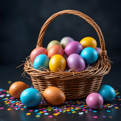 Colorful Eggs in Wicker Basket on  dark black Background .