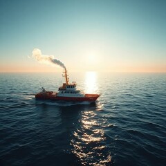 Fototapeta premium Vessel on the open sea emitting steam from its smokestack as morning breaks, boat, , morning light