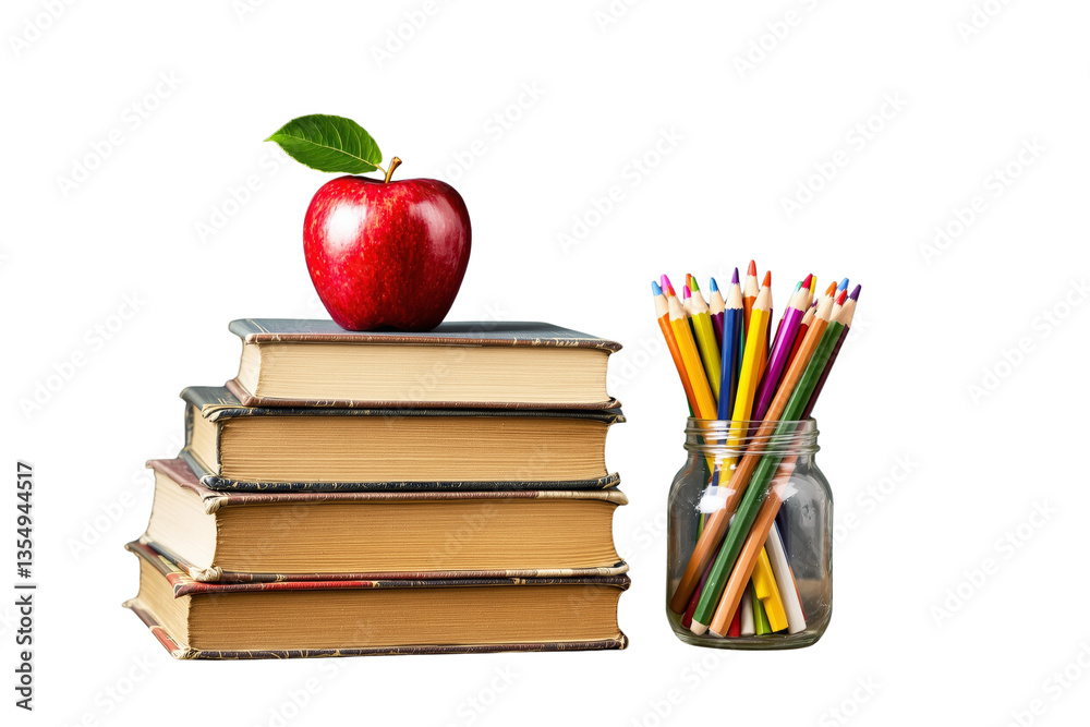 Poster stack of books with a red apple on top and a jar filled with colored pencils, isolated on a white ba
