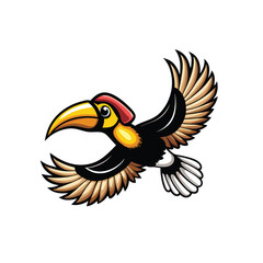 Vivid, highly detailed illustration of a helmeted hornbill, showcasing its vibrant plumage and casque.  Focus on sharp details and bright, saturated colors.