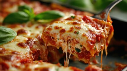 Delicious lasagna portion being lifted by a fork to be served