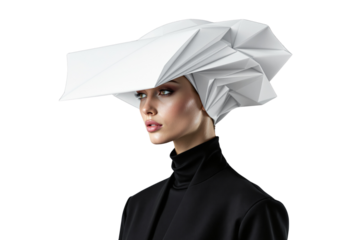 Elegant woman in black outfit wearing avant-garde origami-style white hat, isolated on white background. Concept of futuristic fashion. Ai generative
