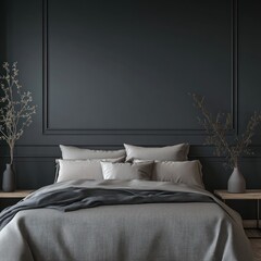 Dark grey bedroom with molding, bed, and vases.