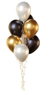 Balloon bouquet in black, gold, and white, isolated on a transparent background. A bunch of realistic balloons for birthday, anniversary, New Year, wedding, corporate, and holiday event designs.