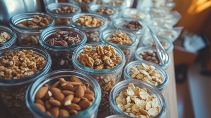 Fototapeta premium Assortment of healthy nuts and seeds displayed in transparent jars