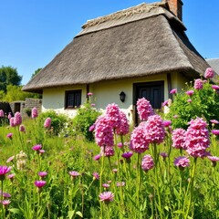 Thatched roof cottage with pink flowers blooming in the surrounding wildflowers, thatched roof, atmosphere, bright