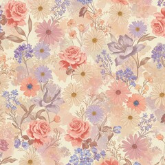 A Close Up Of A Floral Pattern With Pink, Purple And Blue Flowers