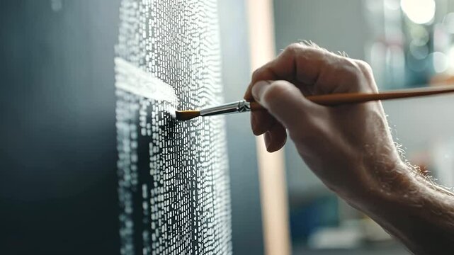 A self-portrait blending art and binary code in a quiet studio