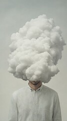A conceptual image of a man dressed in a white shirt with his head replaced by a dense white cloud, creating a symbolic representation of mystery, dreams, or mental fog.. AI Generation