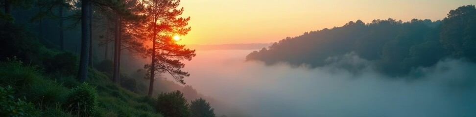 Fototapeta premium Sunlight pierces through the veil of morning fog, atmosphere, forest