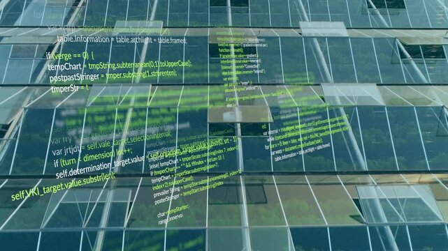 Animation of green computer code overlaying glass building reflecting modern tech theme
