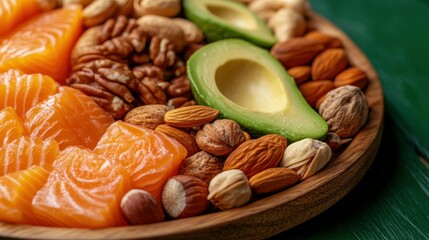 A healthy assortment of delicious food items on a wooden plate